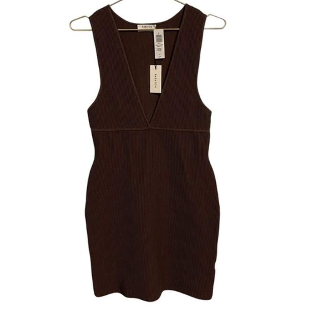 Babaton Sculpt Knit Deep V Mini Dress Rich Mocha Brown Ribbed 98652 NWT Large